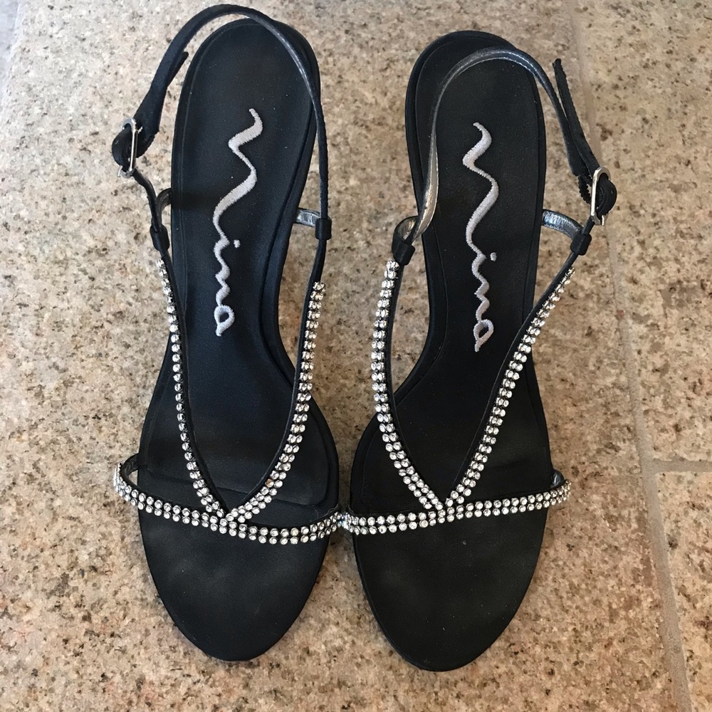 Nina black satin heel with crystal straps-size 7.5